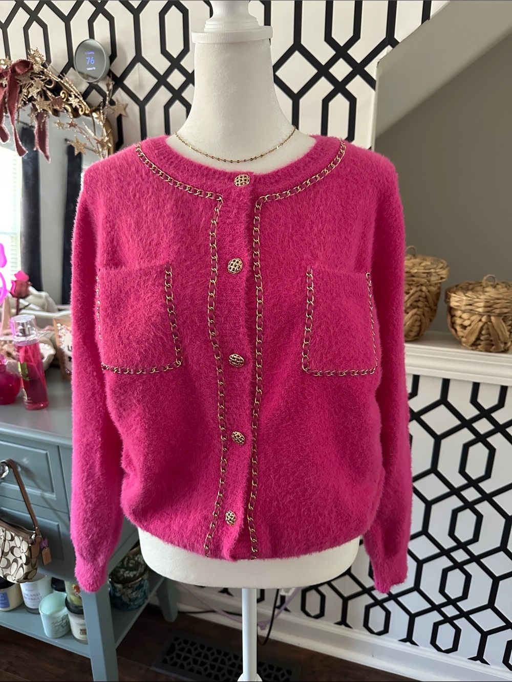 Nanette Lepore Hot Pink Chain-Trim Button Cardigan